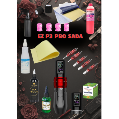 Rotační tetovací sada s bateriovým strojkem EZ P3 PRO a tetovací barva Panthera Black Gold 150 ml