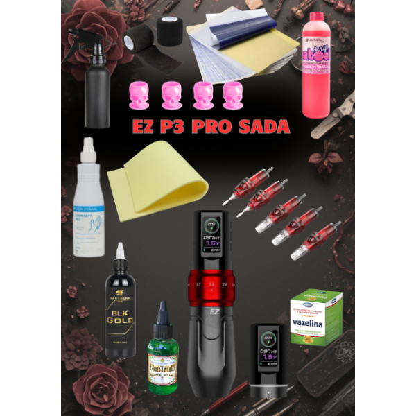 Rotační tetovací sada s bateriovým strojkem EZ P3 PRO a tetovací barva Panthera Black Gold 150 ml