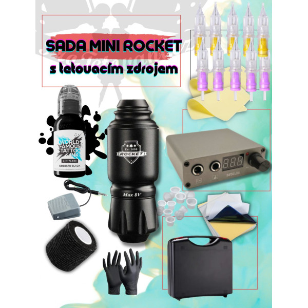 Rotační tetovací sada ROCKET MINI s tetovacím zdrojem a tetovací barvou World Famous Obsidian Outling 30 ml