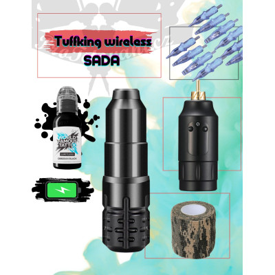 Rotační tetovací sada Tuffking Mini II s dobíjecím adaptérem a tetovací barvou World Famous Obsidian Outling 30 ml