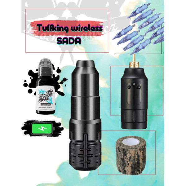 Rotační tetovací sada Tuffking Mini II s dobíjecím adaptérem a tetovací barvou World Famous Obsidian Outling 30 ml