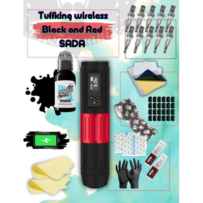 Rotační tetovací sada Tuffking Wireless Black and Red s tetovací barvou World Famous Obsidian Outling 30 ml